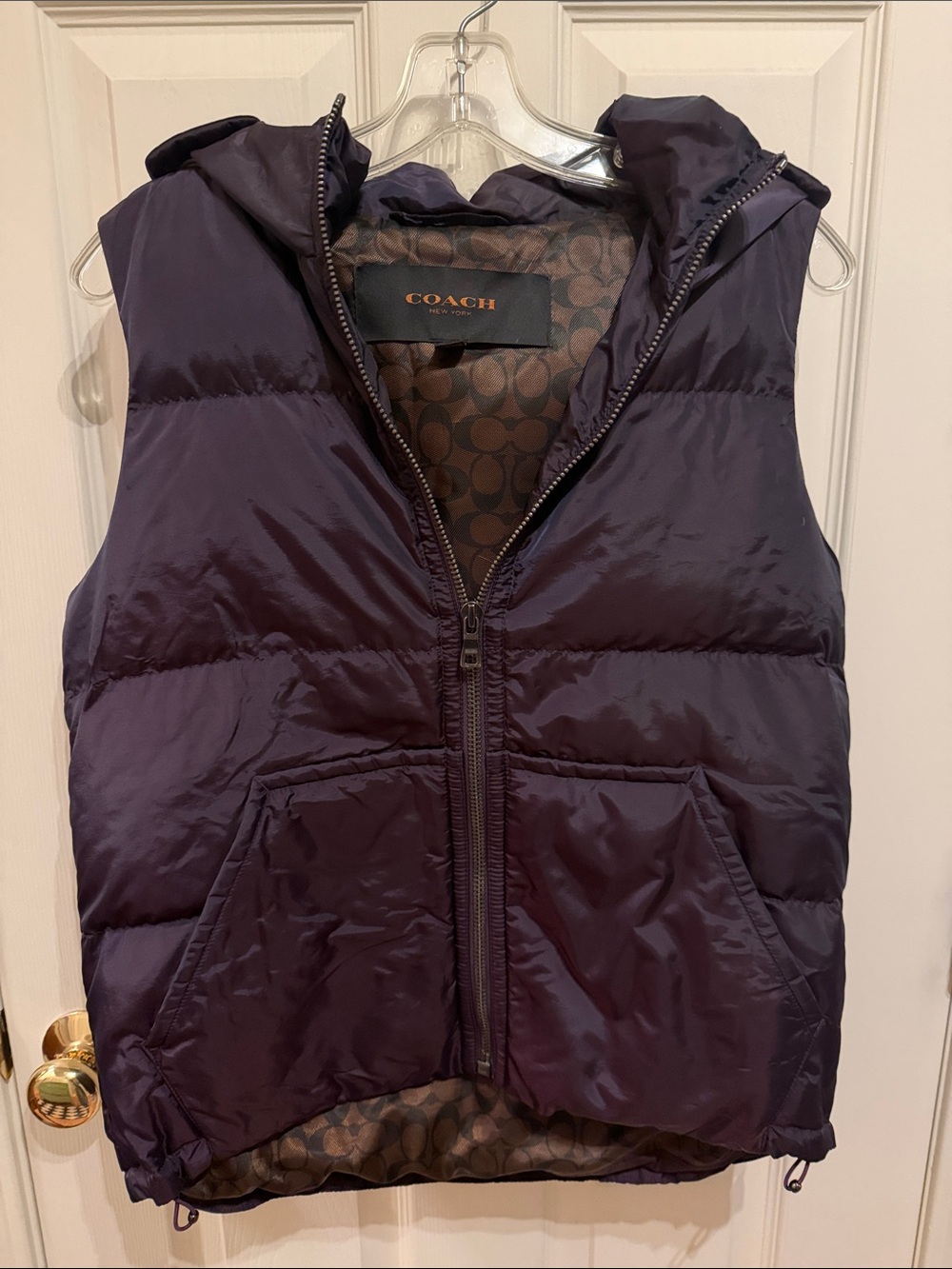 Coach women’s Quilted Hooded Puffer Vest in Deep Plum
